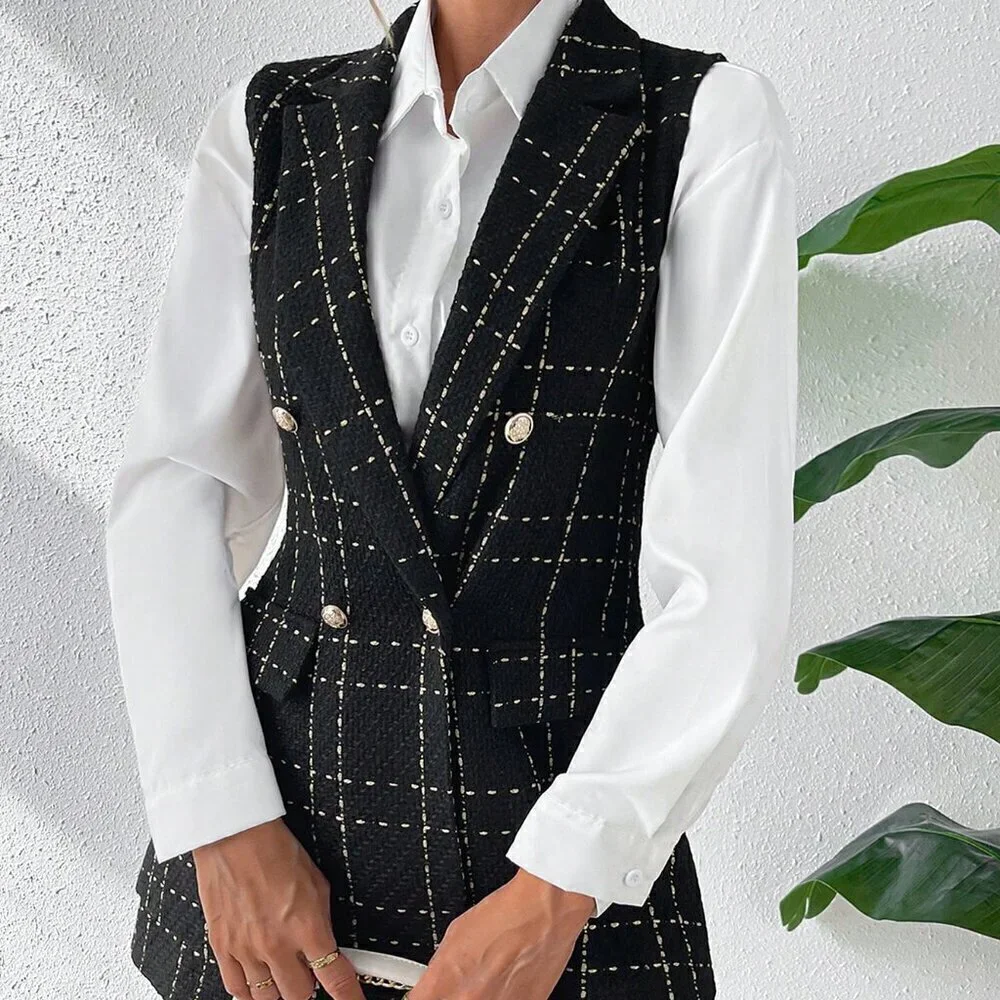 Fall Stylish Plaid Double Breasted Tweed Vest Blazer & Shorts